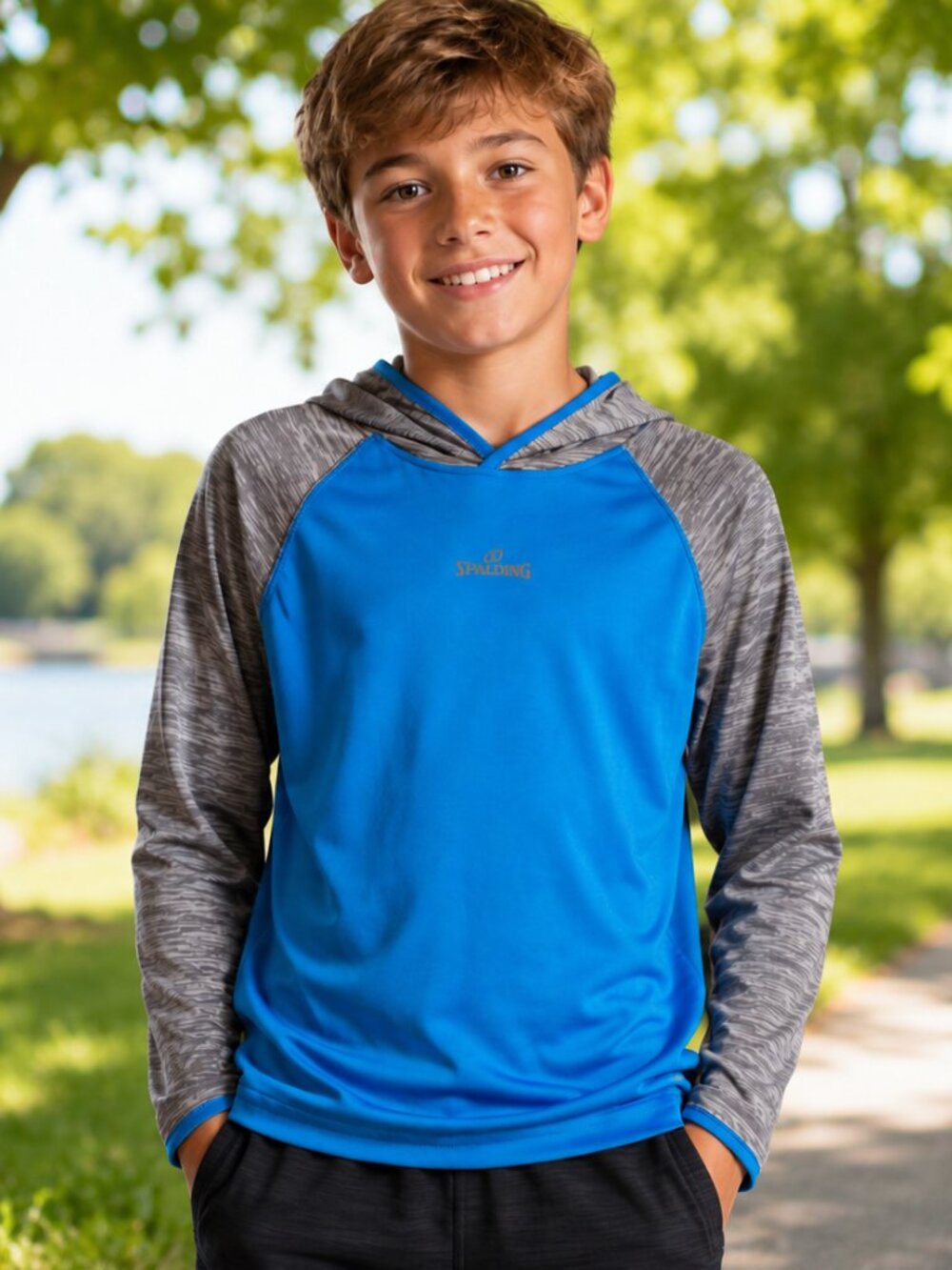Spalding Boys Blue & Gray Hooded Long Sleeve Shirt | Size Medium (10/12)
